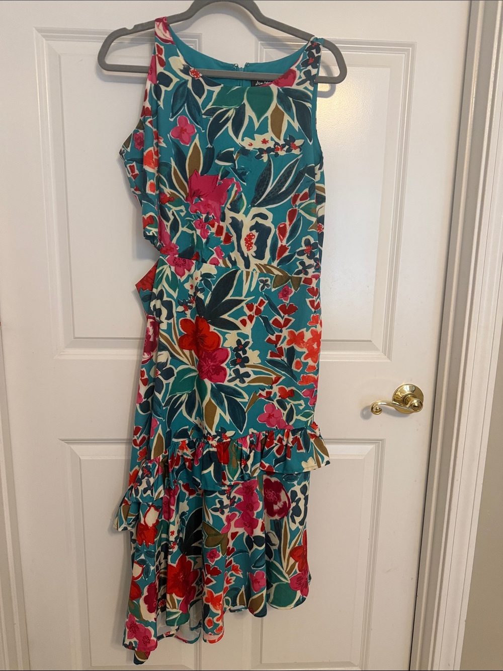 Sam Edelman Teal Floral High-Low Ruffle Dress with Pink & Red Flowers